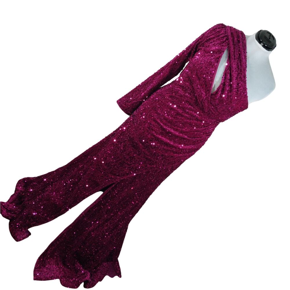 NWT! FASHION NOVA! DEEP FUSCHIA PINK/RED SEQUINNED STRETCH VELVET GOWN! 2X - Picture 13 of 14